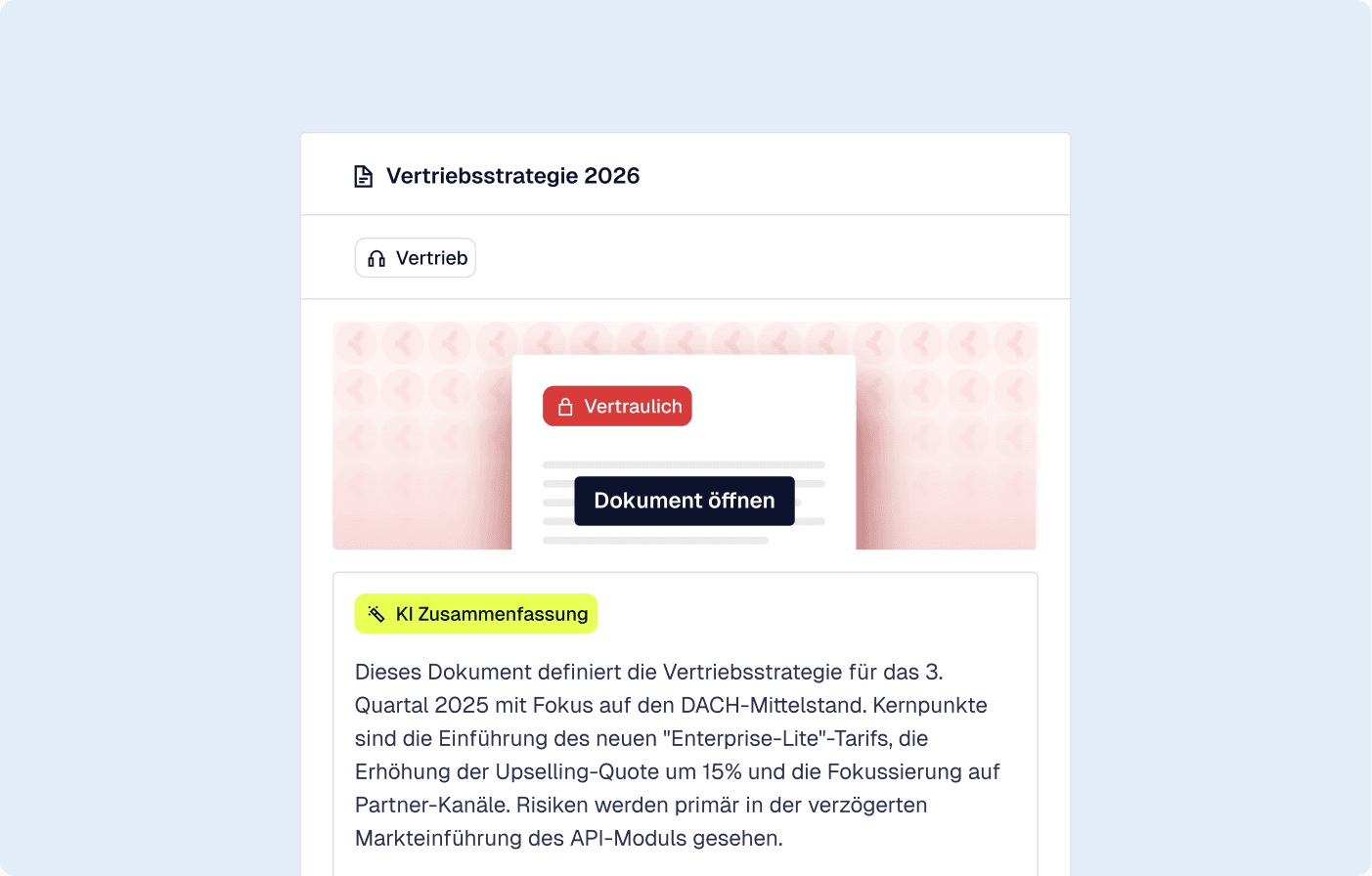 Dokumentenansicht mit KI-Zusammenfassung und Vertraulichkeits-Kennzeichnung
